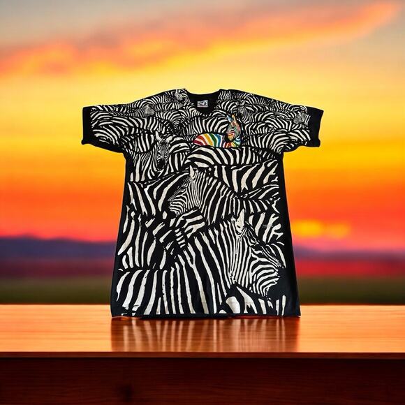 Vintage 1993 Liquid Blue Lg Rainbow Zebra AOP All Over Print T Shirt Genrich 90s